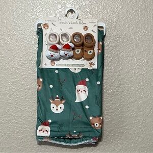 Green SANTA & Reindeer Print Sherpa Lined Baby Blanket with 2 Pairs Booties